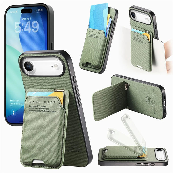 For iPhone Air Case Cloth Texture Leather + PC + TPU Phone Cover with Card Holder Kickstand - Green - 1