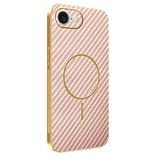 For iPhone 17e / 16e Phone Case Carbon Fiber Textured Electroplated TPU Back Cover - Pink - 1