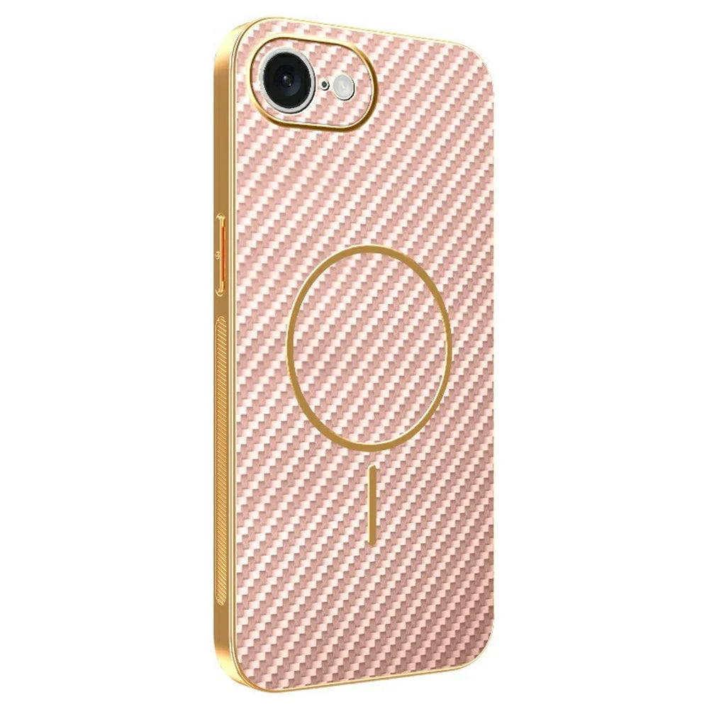For iPhone 17e / 16e Phone Case Carbon Fiber Textured Electroplated TPU Back Cover - Pink - 1
