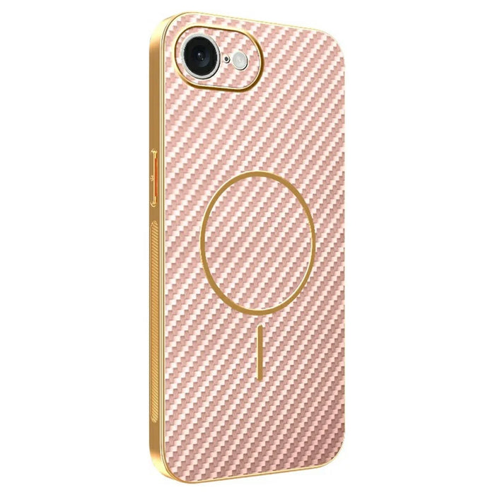 For iPhone 17e / 16e Phone Case Carbon Fiber Textured Electroplated TPU Back Cover - Pink - 1