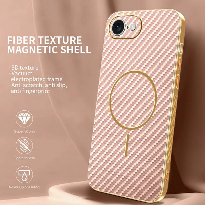 For iPhone 17e / 16e Phone Case Carbon Fiber Textured Electroplated TPU Back Cover - Pink - 2