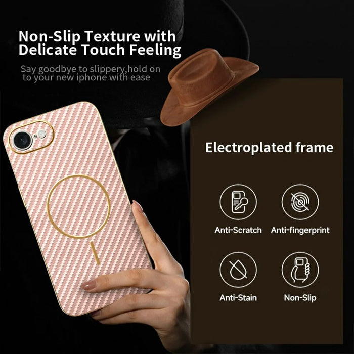 For iPhone 17e / 16e Phone Case Carbon Fiber Textured Electroplated TPU Back Cover - Pink - 3
