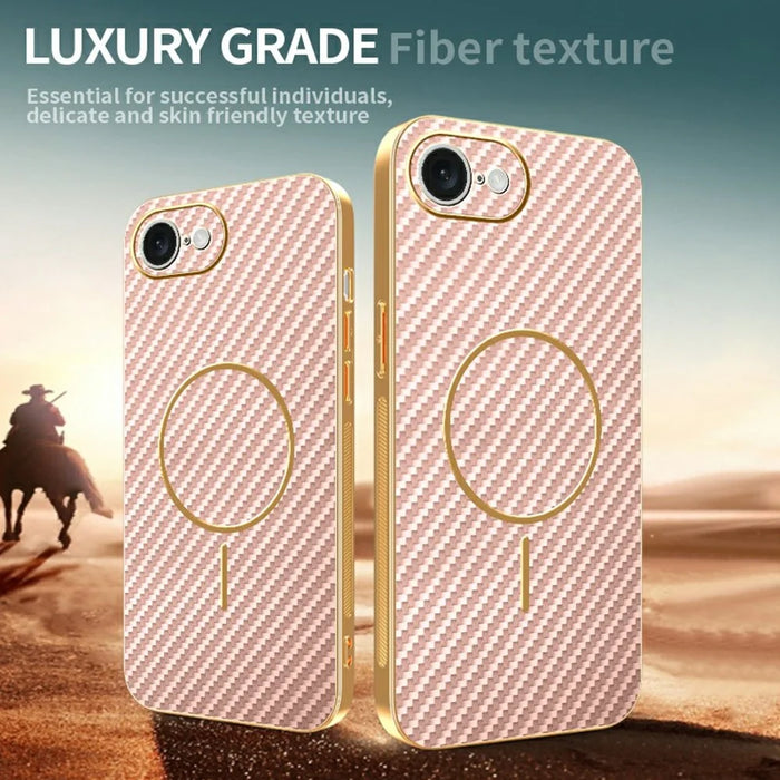 For iPhone 17e / 16e Phone Case Carbon Fiber Textured Electroplated TPU Back Cover - Pink - 4