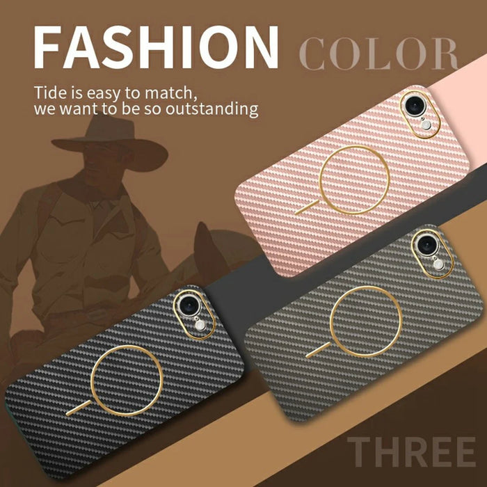 For iPhone 17e / 16e Phone Case Carbon Fiber Textured Electroplated TPU Back Cover - Pink - 5
