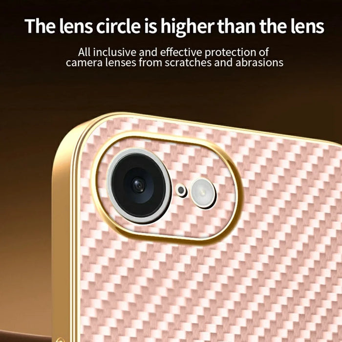 For iPhone 17e / 16e Phone Case Carbon Fiber Textured Electroplated TPU Back Cover - Pink - 6