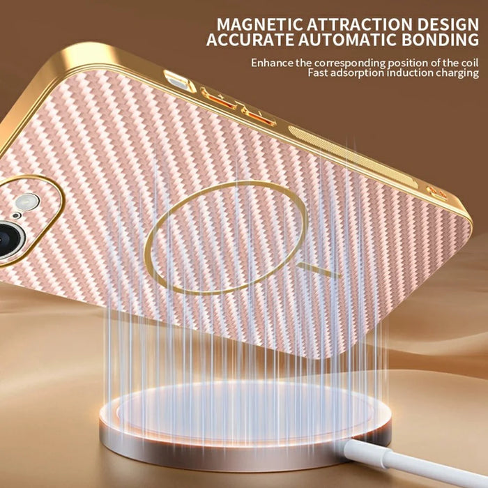 For iPhone 17e / 16e Phone Case Carbon Fiber Textured Electroplated TPU Back Cover - Pink - 7