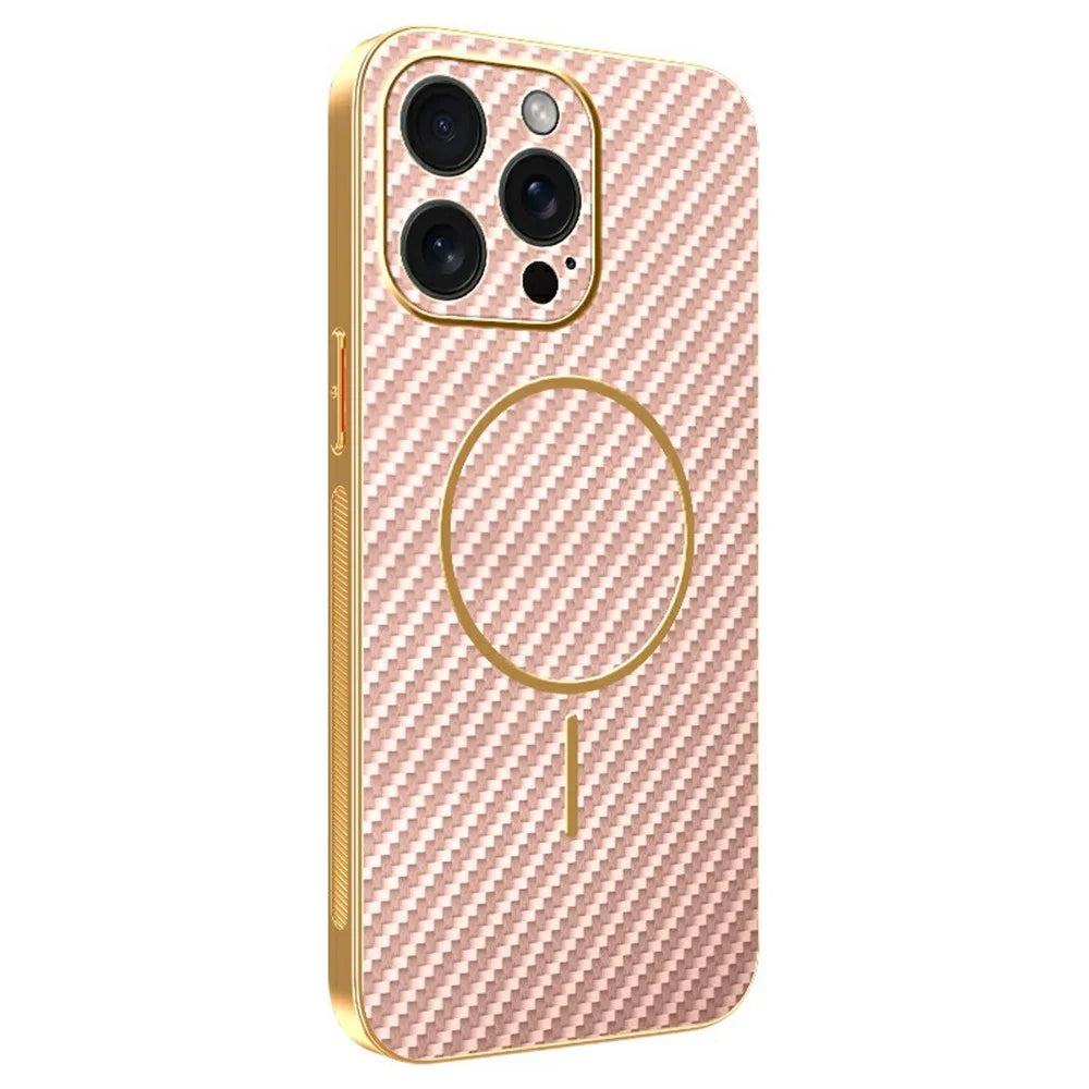 For iPhone 15 Pro Max Phone Case Carbon Fiber Textured Electroplated TPU Back Cover - Pink - 1