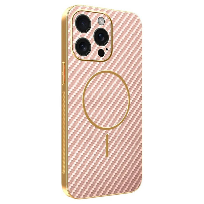 For iPhone 15 Pro Max Phone Case Carbon Fiber Textured Electroplated TPU Back Cover - Pink - 1