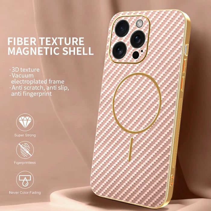 For iPhone 15 Pro Max Phone Case Carbon Fiber Textured Electroplated TPU Back Cover - Pink - 2
