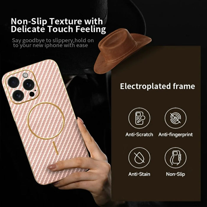 For iPhone 15 Pro Max Phone Case Carbon Fiber Textured Electroplated TPU Back Cover - Pink - 3