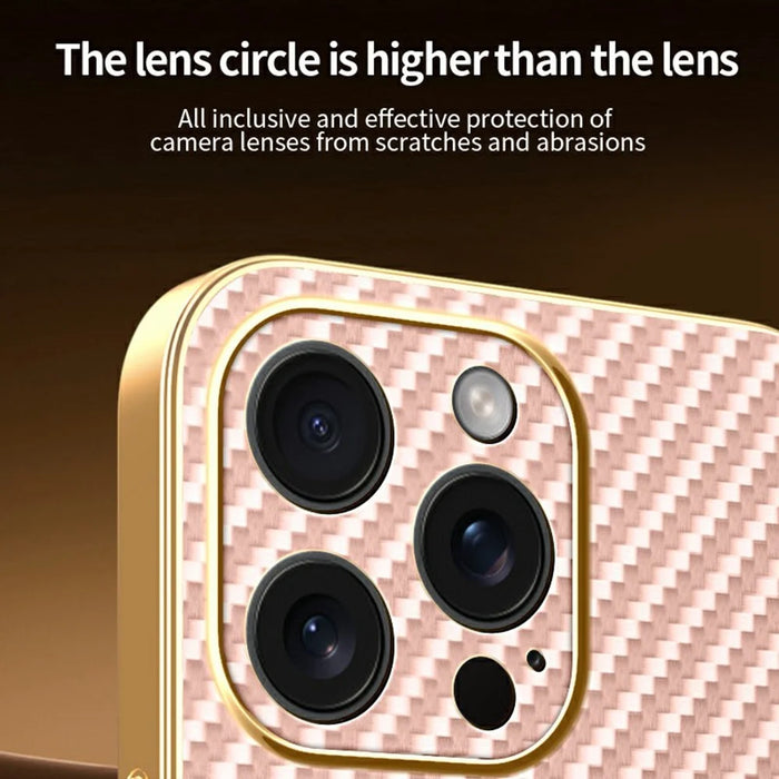 For iPhone 15 Pro Max Phone Case Carbon Fiber Textured Electroplated TPU Back Cover - Pink - 6