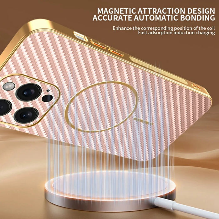 For iPhone 15 Pro Max Phone Case Carbon Fiber Textured Electroplated TPU Back Cover - Pink - 7