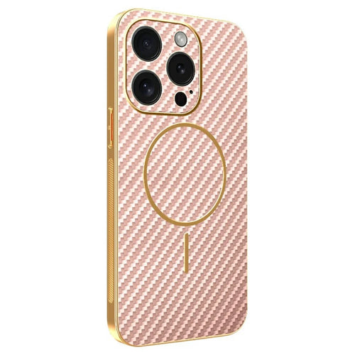 For iPhone 15 Pro Phone Case Carbon Fiber Textured Electroplated TPU Back Cover - Pink - 1