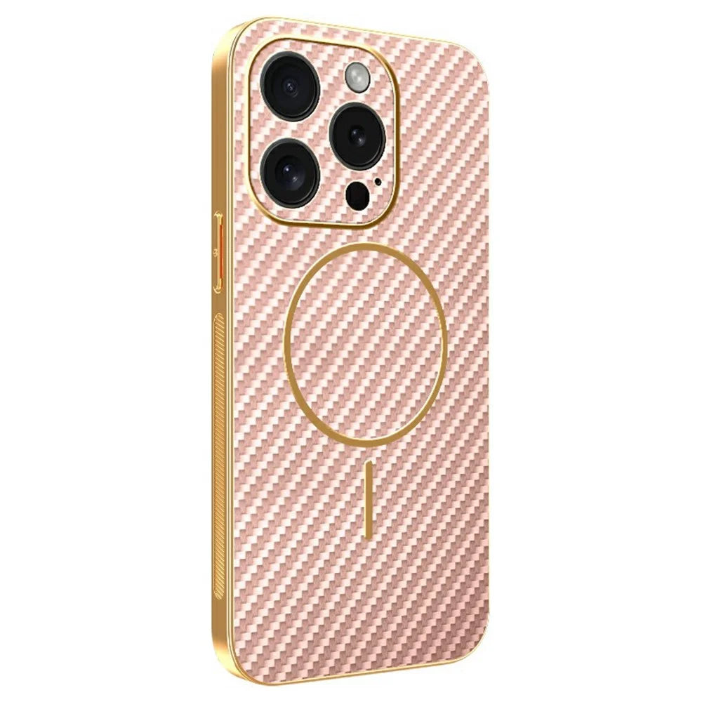 For iPhone 15 Pro Phone Case Carbon Fiber Textured Electroplated TPU Back Cover - Pink - 1