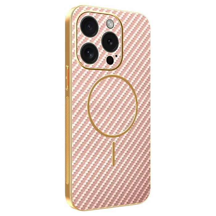 For iPhone 15 Pro Phone Case Carbon Fiber Textured Electroplated TPU Back Cover - Pink - 1