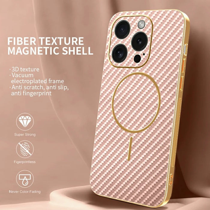 For iPhone 15 Pro Phone Case Carbon Fiber Textured Electroplated TPU Back Cover - Pink - 2