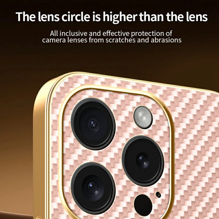 For iPhone 15 Pro Phone Case Carbon Fiber Textured Electroplated TPU Back Cover - Pink - 6