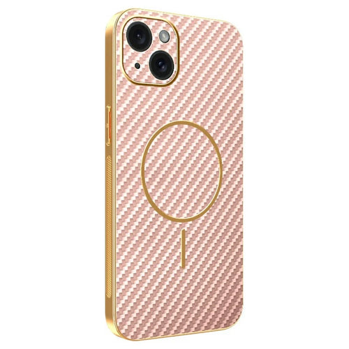 For iPhone 15 Plus Phone Case Carbon Fiber Textured Electroplated TPU Back Cover - Pink - 1