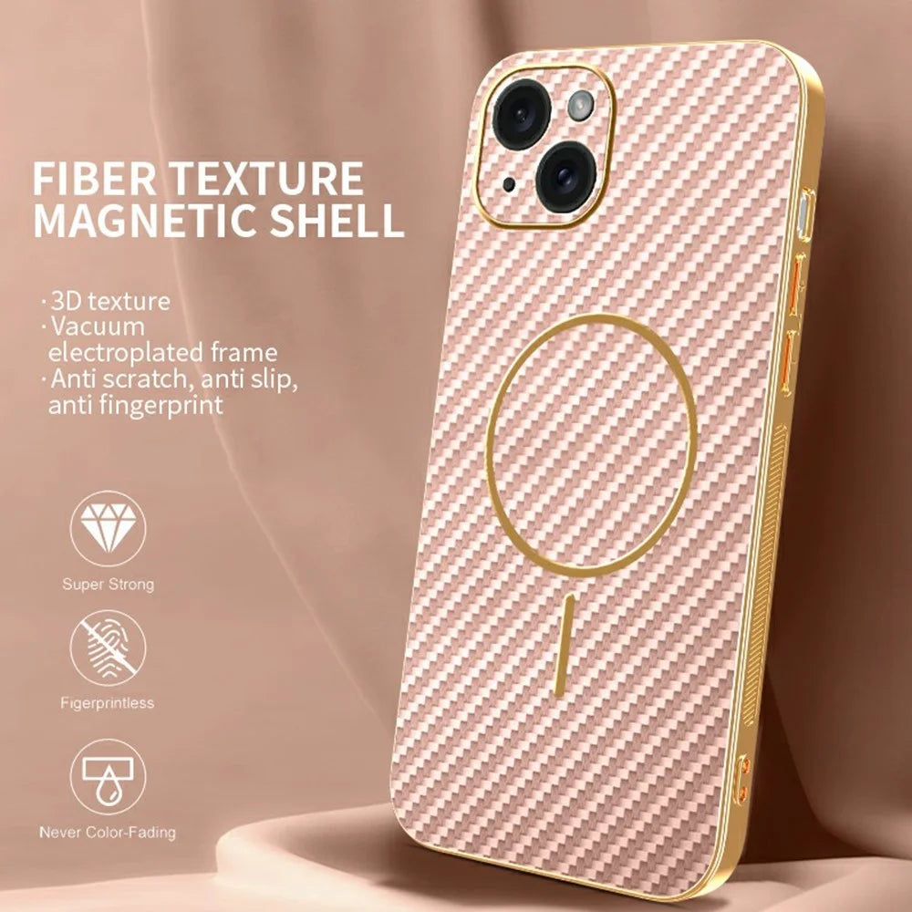 For iPhone 15 Plus Phone Case Carbon Fiber Textured Electroplated TPU Back Cover - Pink - 2