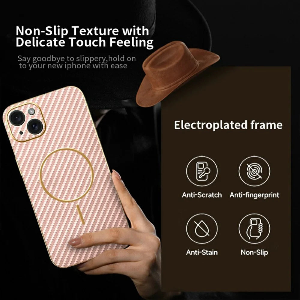 For iPhone 15 Plus Phone Case Carbon Fiber Textured Electroplated TPU Back Cover - Pink - 3