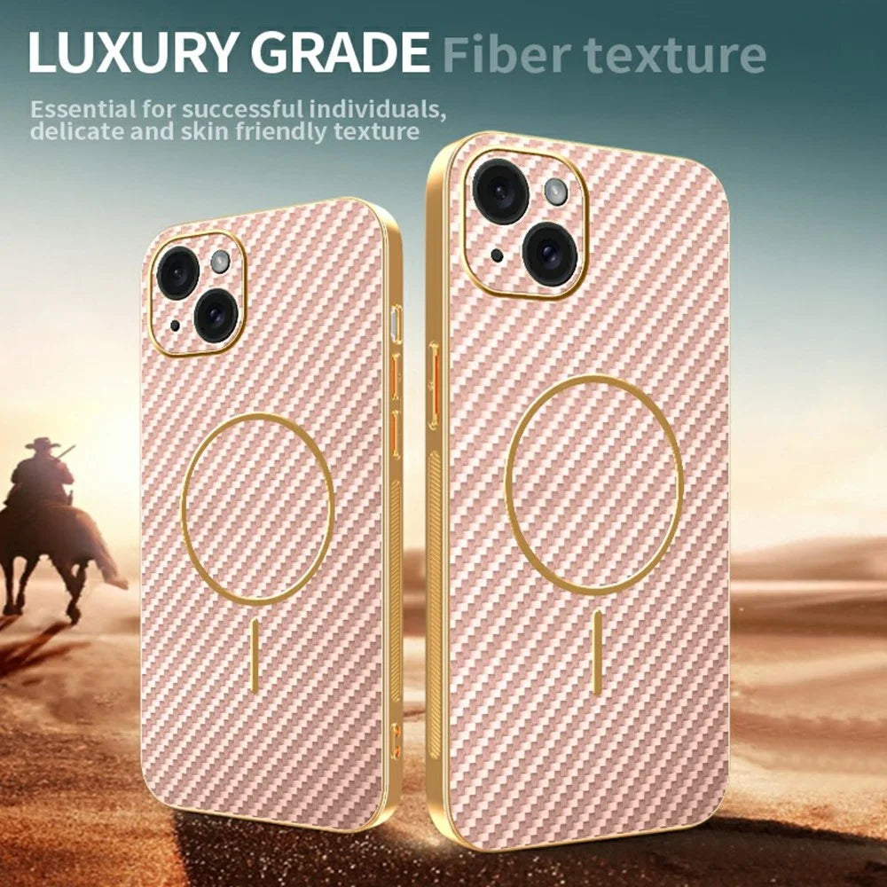 For iPhone 15 Plus Phone Case Carbon Fiber Textured Electroplated TPU Back Cover - Pink - 4