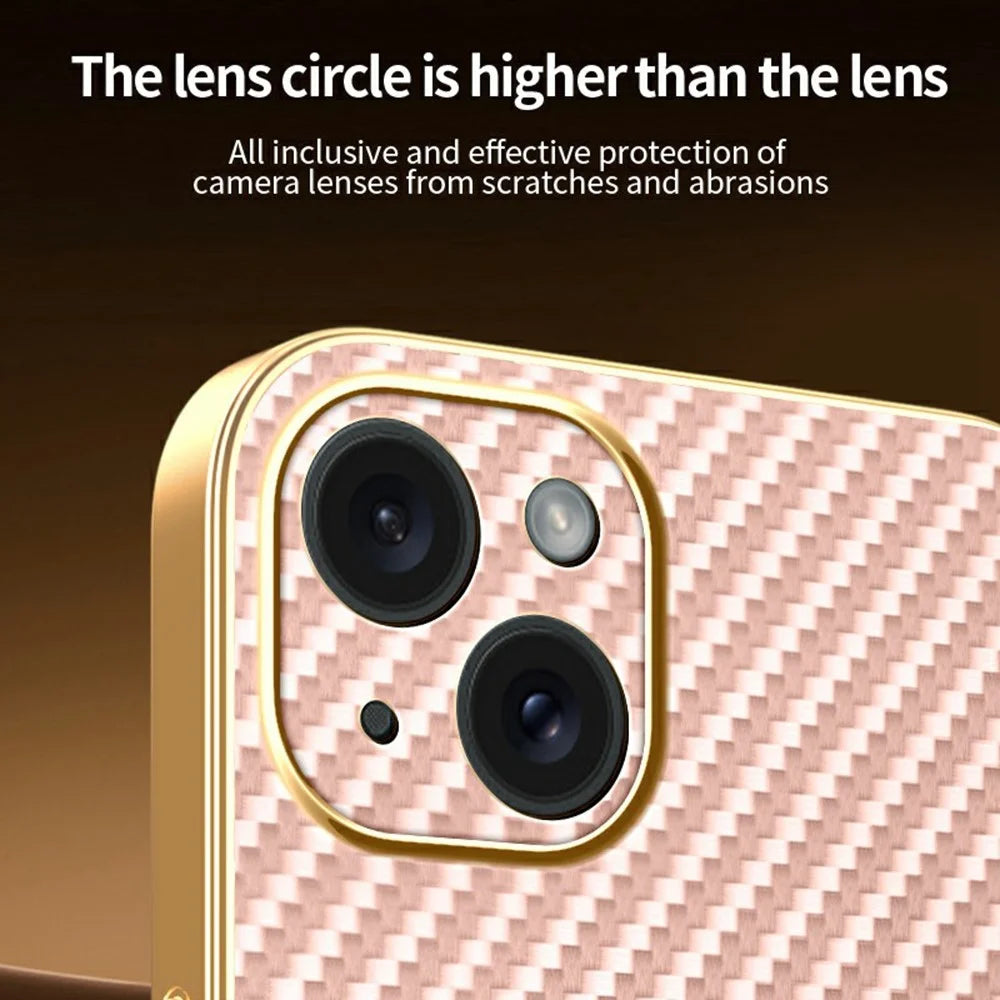 For iPhone 15 Plus Phone Case Carbon Fiber Textured Electroplated TPU Back Cover - Pink - 6