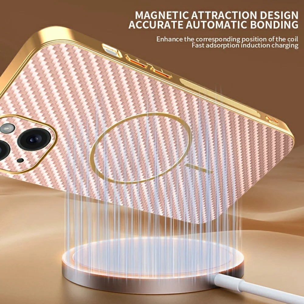 For iPhone 15 Plus Phone Case Carbon Fiber Textured Electroplated TPU Back Cover - Pink - 7