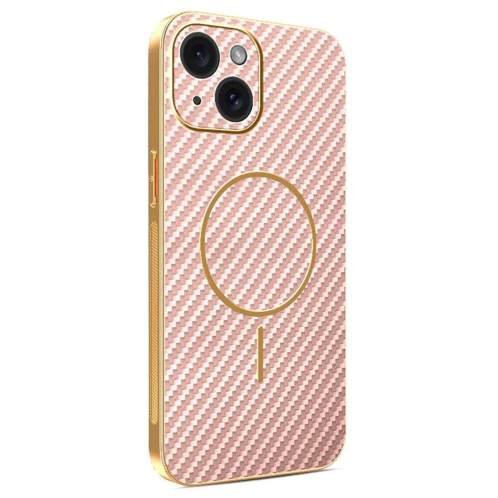 For iPhone 15 Phone Case Carbon Fiber Textured Electroplated TPU Back Cover - Pink - 1