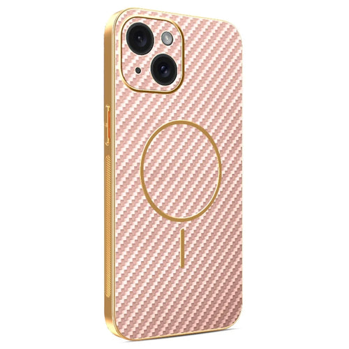 For iPhone 15 Phone Case Carbon Fiber Textured Electroplated TPU Back Cover - Pink - 1