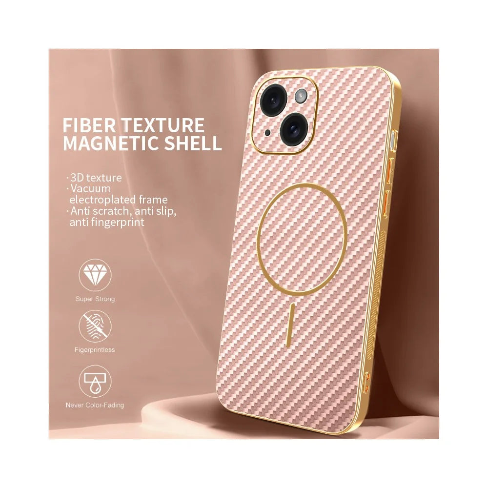 For iPhone 15 Phone Case Carbon Fiber Textured Electroplated TPU Back Cover - Pink - 2