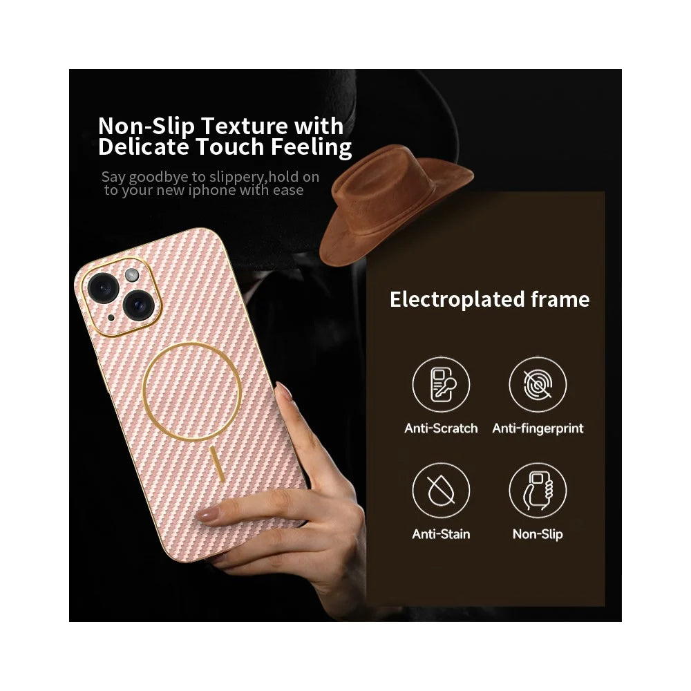 For iPhone 15 Phone Case Carbon Fiber Textured Electroplated TPU Back Cover - Pink - 3