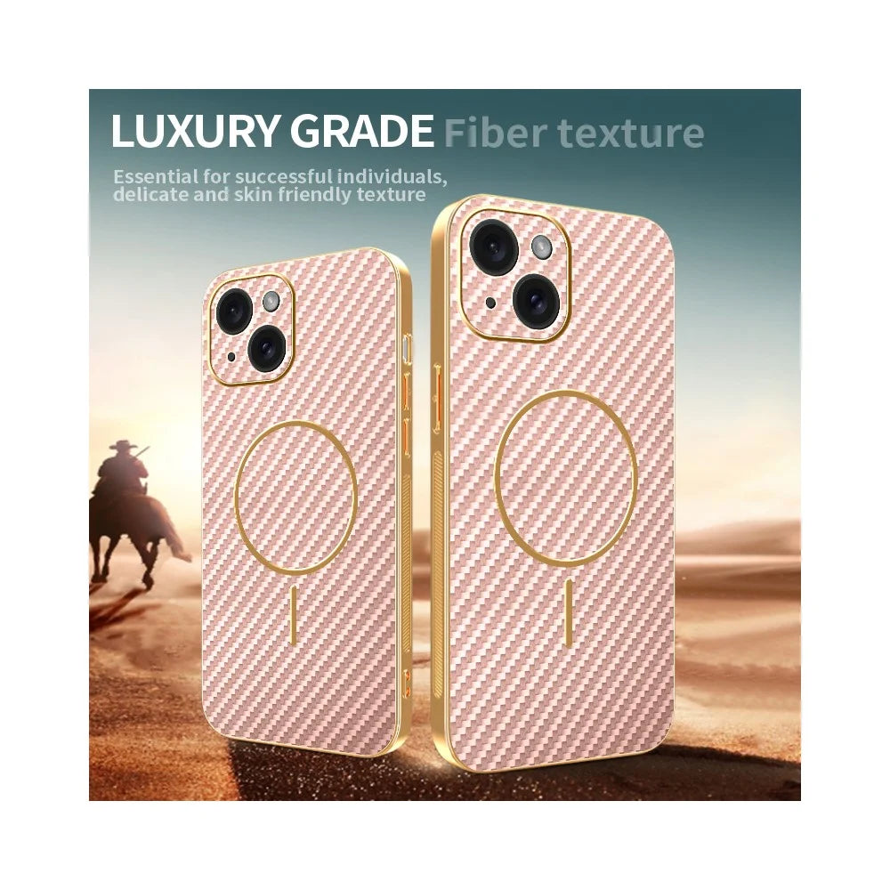 For iPhone 15 Phone Case Carbon Fiber Textured Electroplated TPU Back Cover - Pink - 4