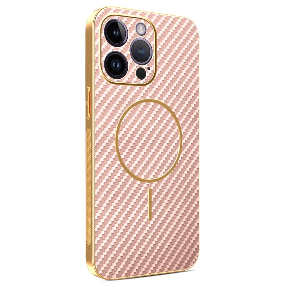 For iPhone 14 Pro Max Phone Case Carbon Fiber Textured Electroplated TPU Back Cover - Pink - 1