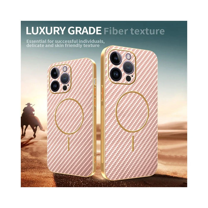 For iPhone 14 Pro Max Phone Case Carbon Fiber Textured Electroplated TPU Back Cover - Pink - 4
