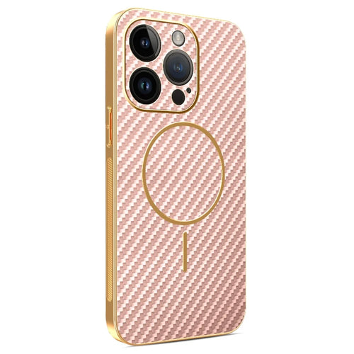 For iPhone 14 Pro Phone Case Carbon Fiber Textured Electroplated TPU Back Cover - Pink - 1