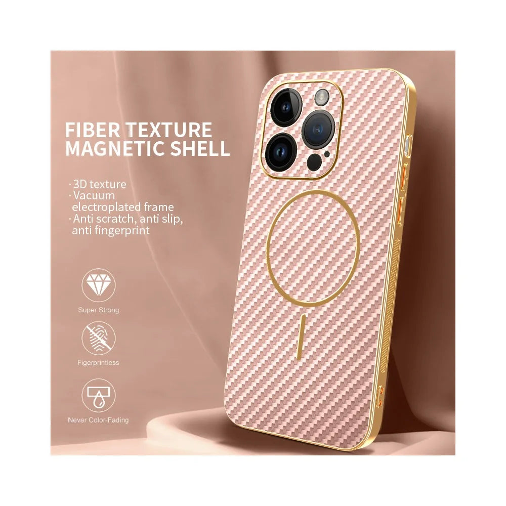 For iPhone 14 Pro Phone Case Carbon Fiber Textured Electroplated TPU Back Cover - Pink - 2