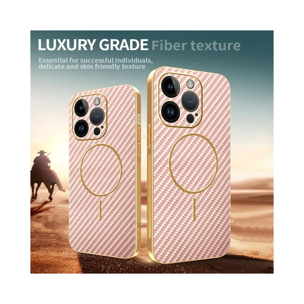 For iPhone 14 Pro Phone Case Carbon Fiber Textured Electroplated TPU Back Cover - Pink - 4