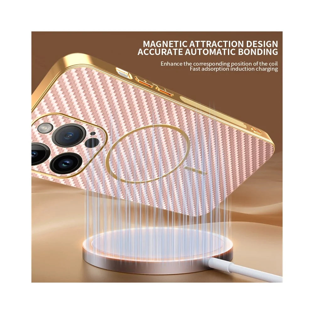 For iPhone 14 Pro Phone Case Carbon Fiber Textured Electroplated TPU Back Cover - Pink - 5