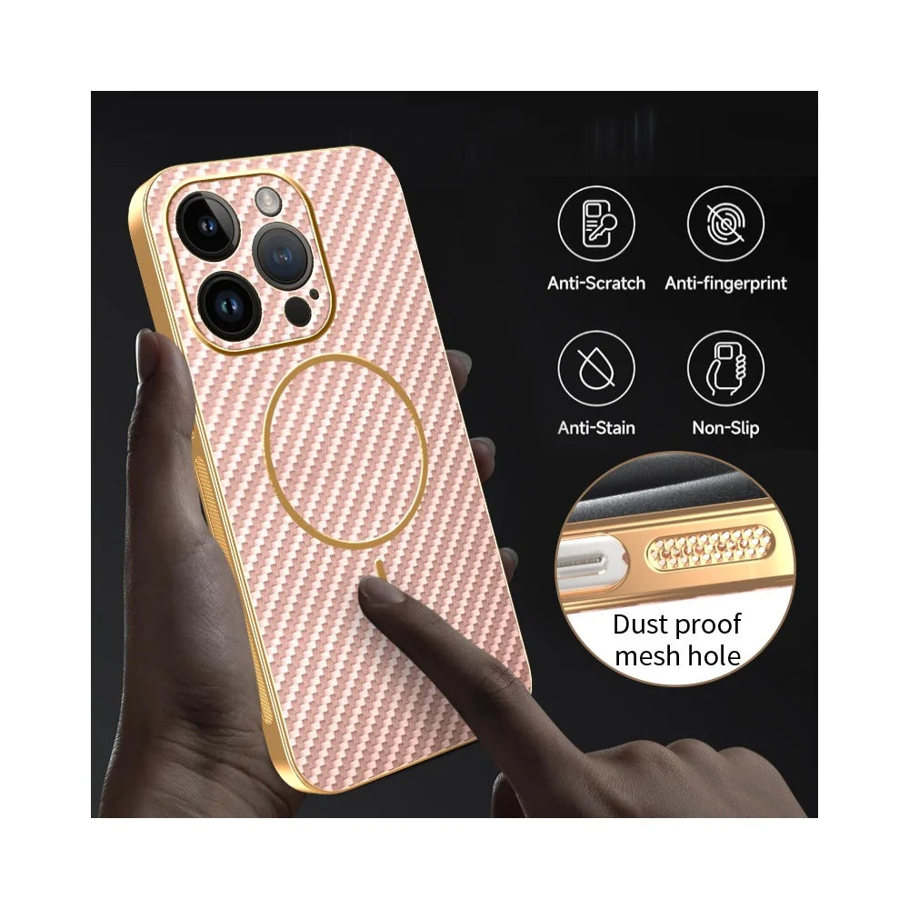 For iPhone 14 Pro Phone Case Carbon Fiber Textured Electroplated TPU Back Cover - Pink - 6