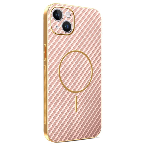 For iPhone 14 Plus Phone Case Carbon Fiber Textured Electroplated TPU Back Cover - Pink - 1