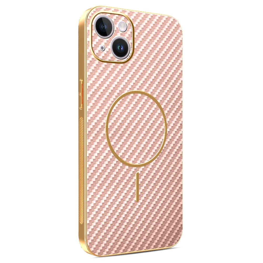 For iPhone 14 Plus Phone Case Carbon Fiber Textured Electroplated TPU Back Cover - Pink - 1