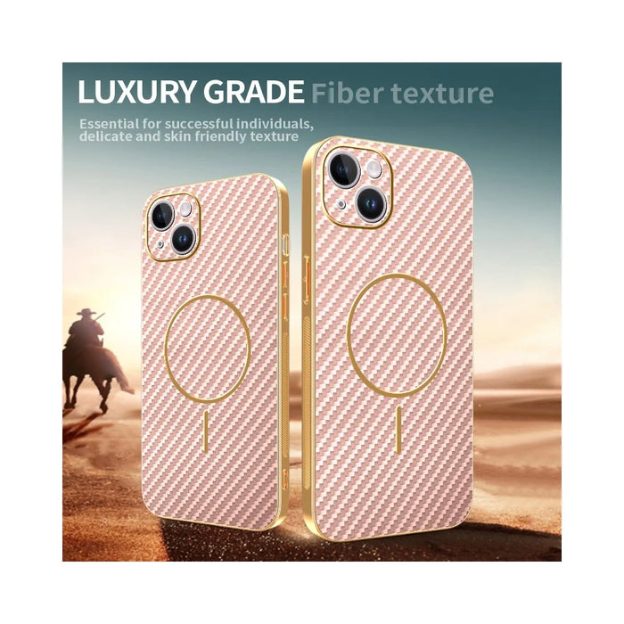 For iPhone 14 Plus Phone Case Carbon Fiber Textured Electroplated TPU Back Cover - Pink - 4