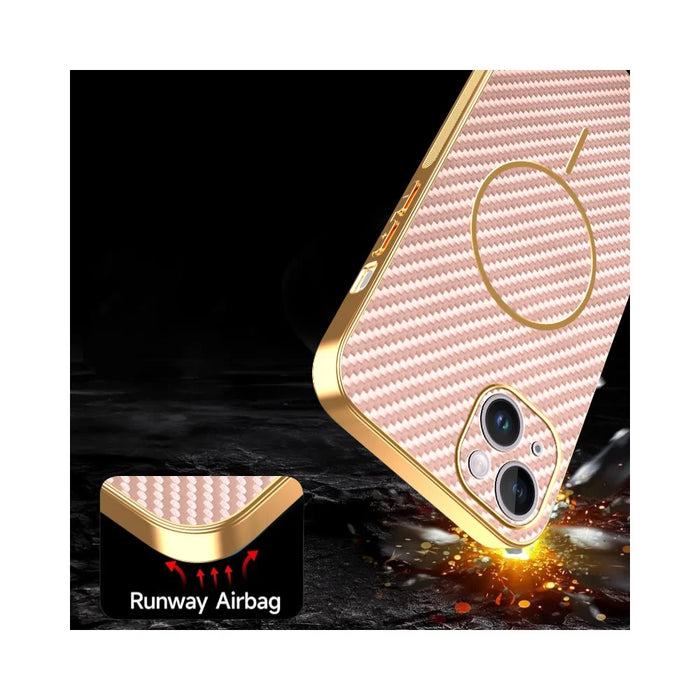 For iPhone 14 Plus Phone Case Carbon Fiber Textured Electroplated TPU Back Cover - Pink - 7