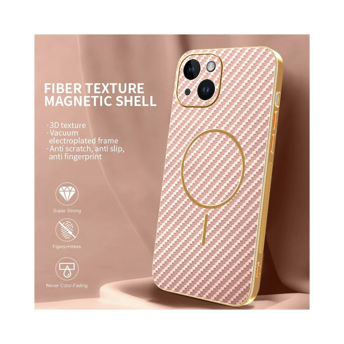 For iPhone 14 Phone Case Carbon Fiber Textured Electroplated TPU Back Cover - Pink - 2