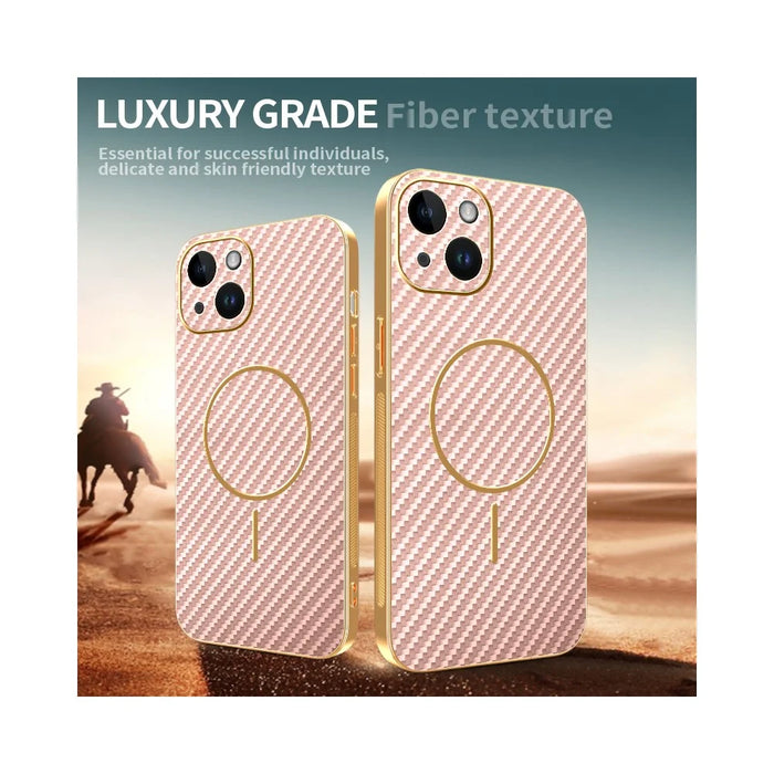 For iPhone 14 Phone Case Carbon Fiber Textured Electroplated TPU Back Cover - Pink - 4