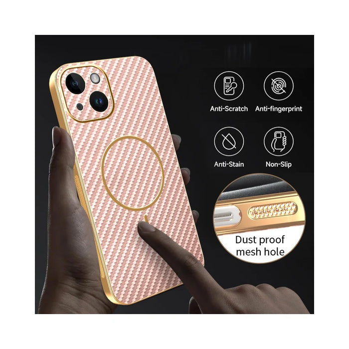 For iPhone 14 Phone Case Carbon Fiber Textured Electroplated TPU Back Cover - Pink - 6