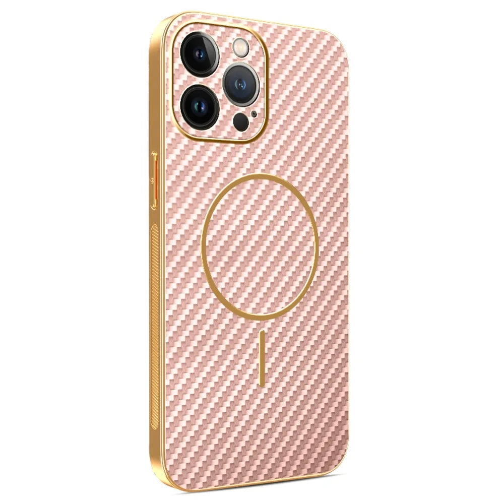 For iPhone 13 Pro Max Phone Case Carbon Fiber Textured Electroplated TPU Back Cover - Pink - 1