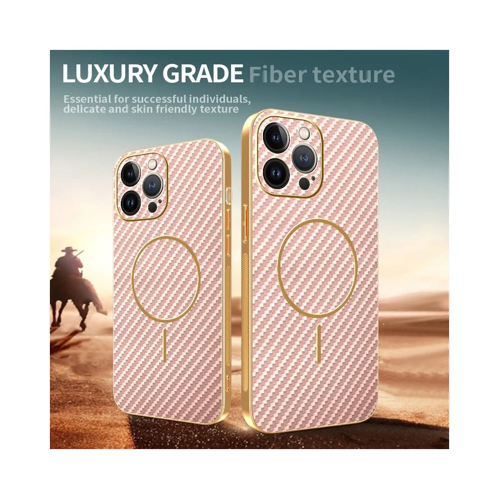 For iPhone 13 Pro Max Phone Case Carbon Fiber Textured Electroplated TPU Back Cover - Pink - 4