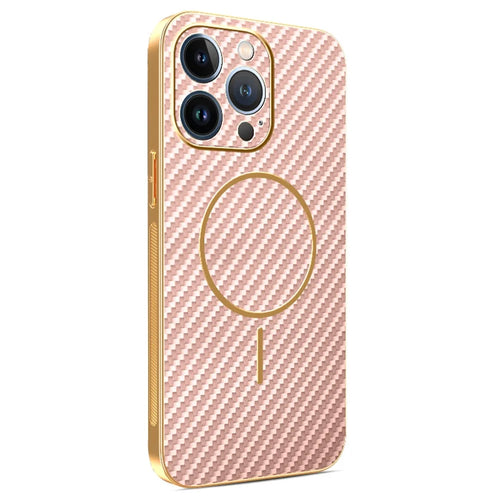 For iPhone 13 Pro Phone Case Carbon Fiber Textured Electroplated TPU Back Cover - Pink - 1