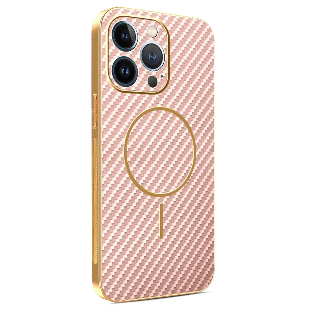 For iPhone 13 Pro Phone Case Carbon Fiber Textured Electroplated TPU Back Cover - Pink - 1